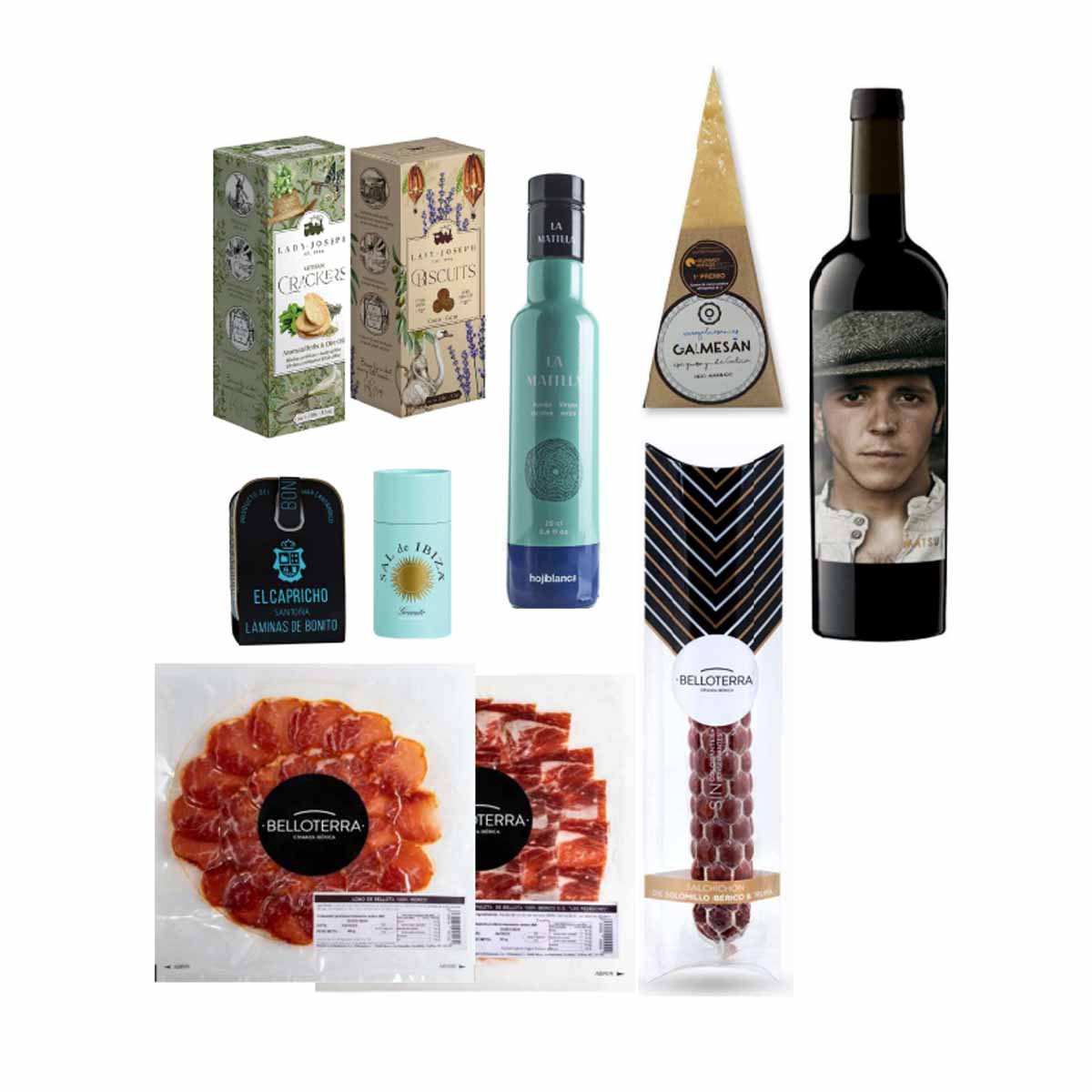 Caja gourmet con ibéricos, conservas, AOVE y vino