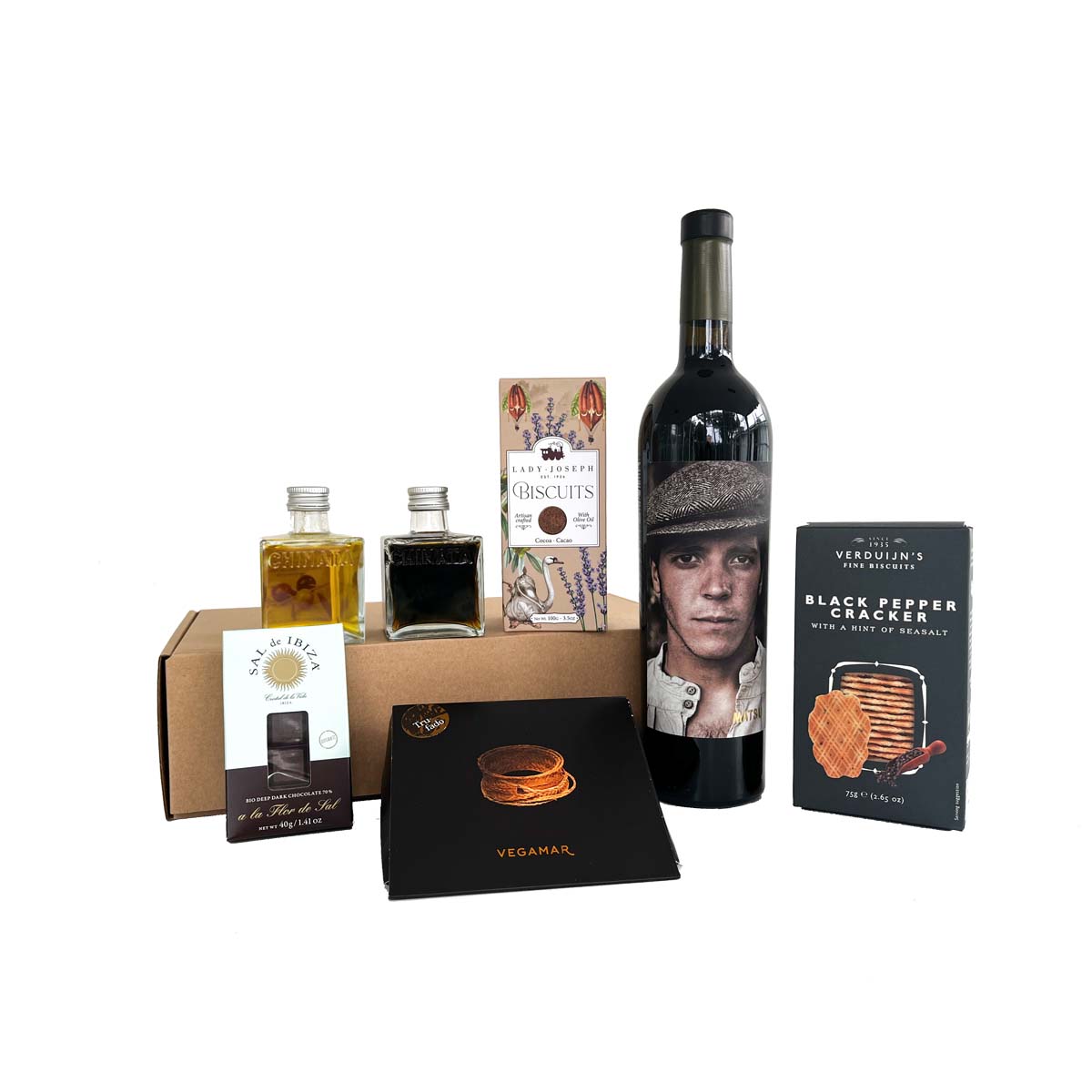 Caja gourmet para regalo con dulces, AOVE y vino